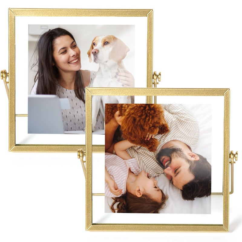 AceList 6x6 Picture Frame Set of 2 for 4x4 Picture - Gold Metal Floating Photo Frame with Glass Cover - 6x6 Frame Gold Picture Frame - Floating Frame for Tabletop Display Horizontally - Image 1